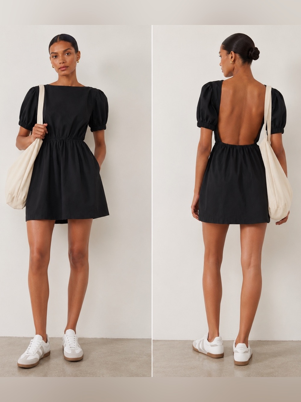 STAUD Mini Alix Dress Black Open Back Puff‎ Sleeve Mini Dress Size 8